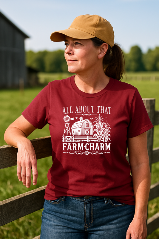 Woman wearing cardinal-colored 'All About That Farm Charm' rural t-shirt, standing by wooden fence on a homestead with barn in background.
