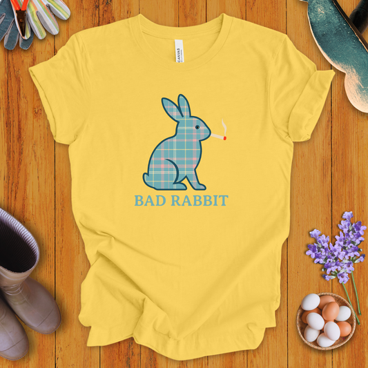 Funny plaid rabbit t-shirt with bunny smoking a cigarette, text says “Bad Rabbit”